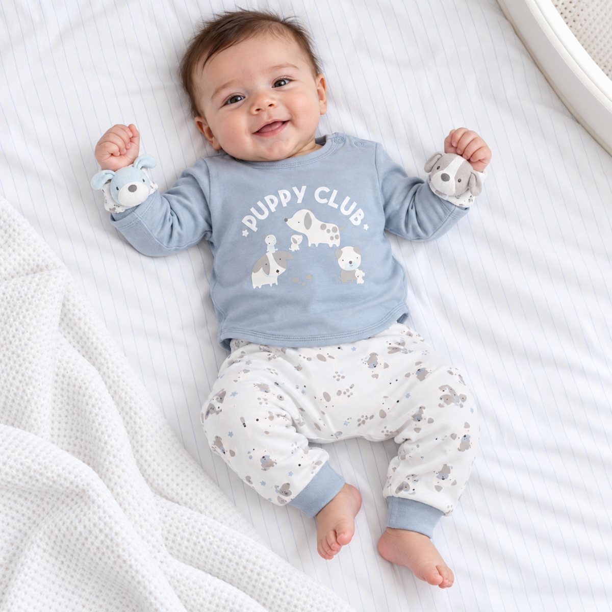 Baby boy wearing blue Puppy Club top, white puppy-print trousers and two matching puppy wrist rattles