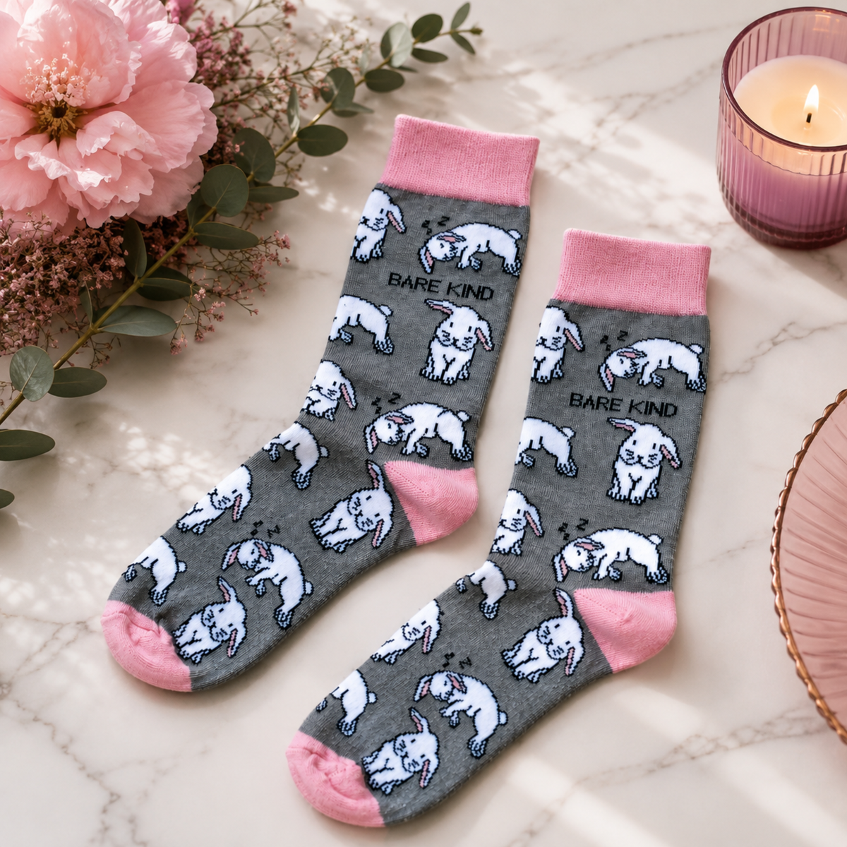 Bare Kind grey bamboo rabbit socks with white bunny print and pink cuffs