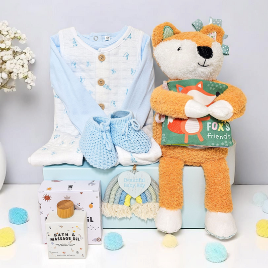 Rainbow Wishes baby boy gift hamper – includes outfit, plush fox, sensory book, baby oil, and keepsake rainbow decoration