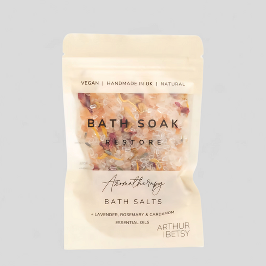 Restore herbal bath salts – relaxing lavender and Himalayan salt soak with dried flowers 