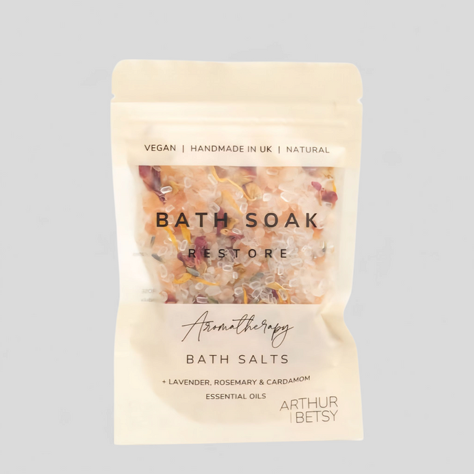 Restore herbal bath salts – relaxing lavender and Himalayan salt soak with dried flowers from Ema and Boo