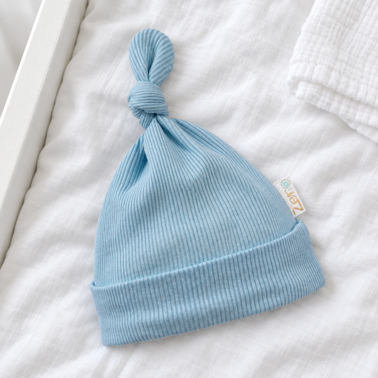 Ribbed Knotted Baby Hat - Light Blue
