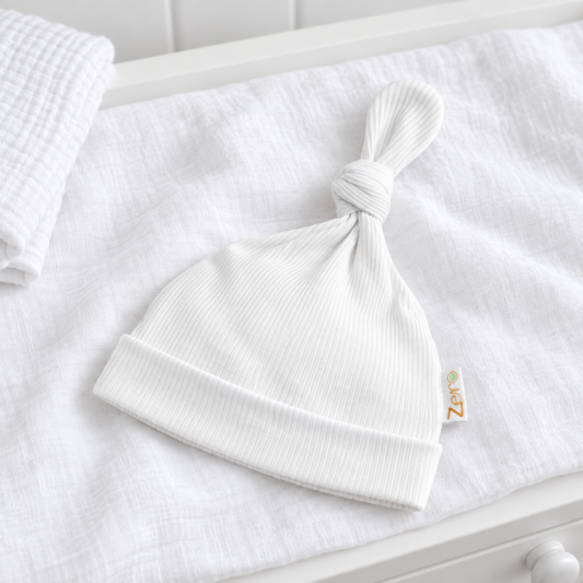 A white ribbed knit baby hat with a knotted top.