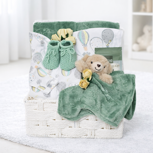 New baby hamper with sage bear comforter and booties