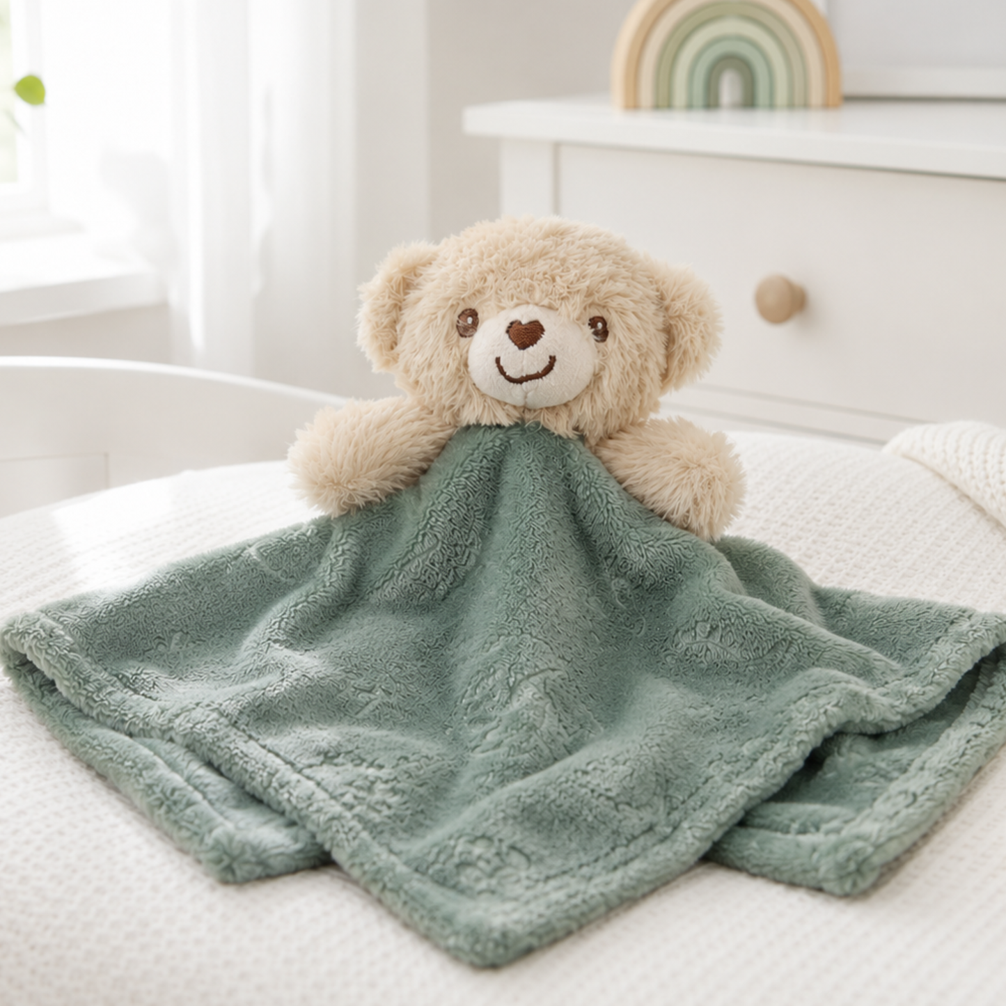 Sage Green Embossed Teddy Bear Baby Comforter | Soft Plush Comfort Blanket