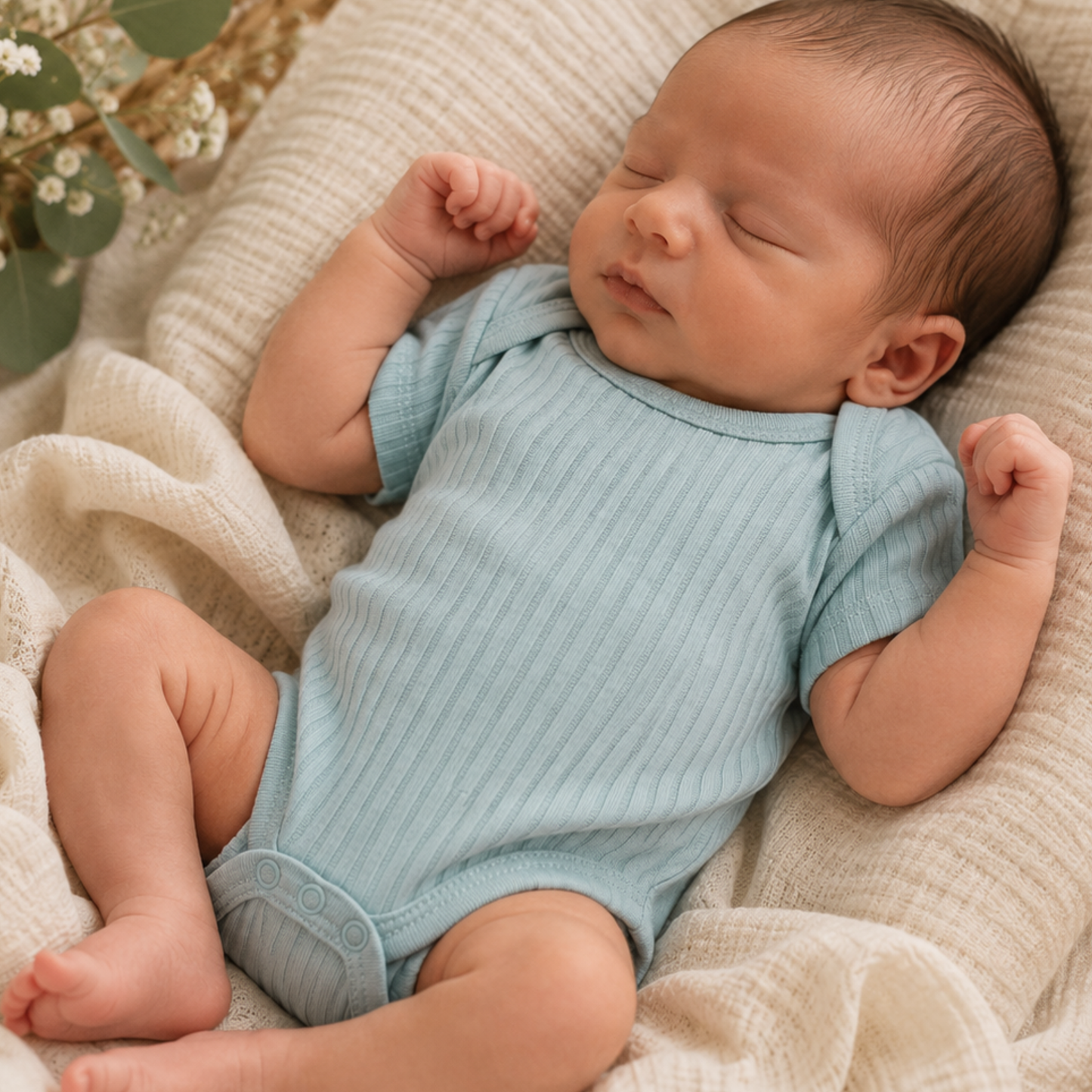 Newborn baby wearing sage green ribbed 100% cotton bodysuit, size 0–3 months