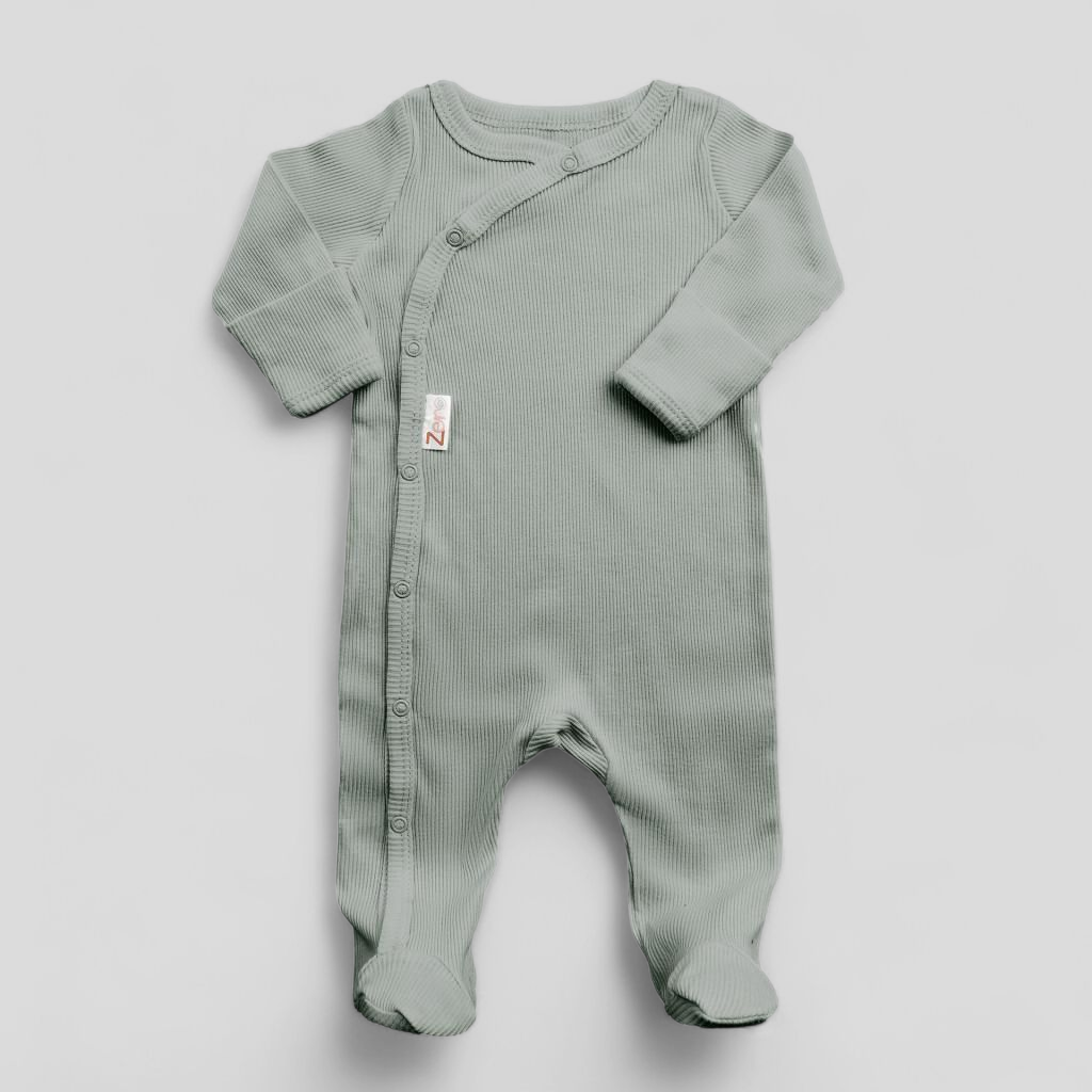 Sage green ribbed baby sleepsuit with poppers