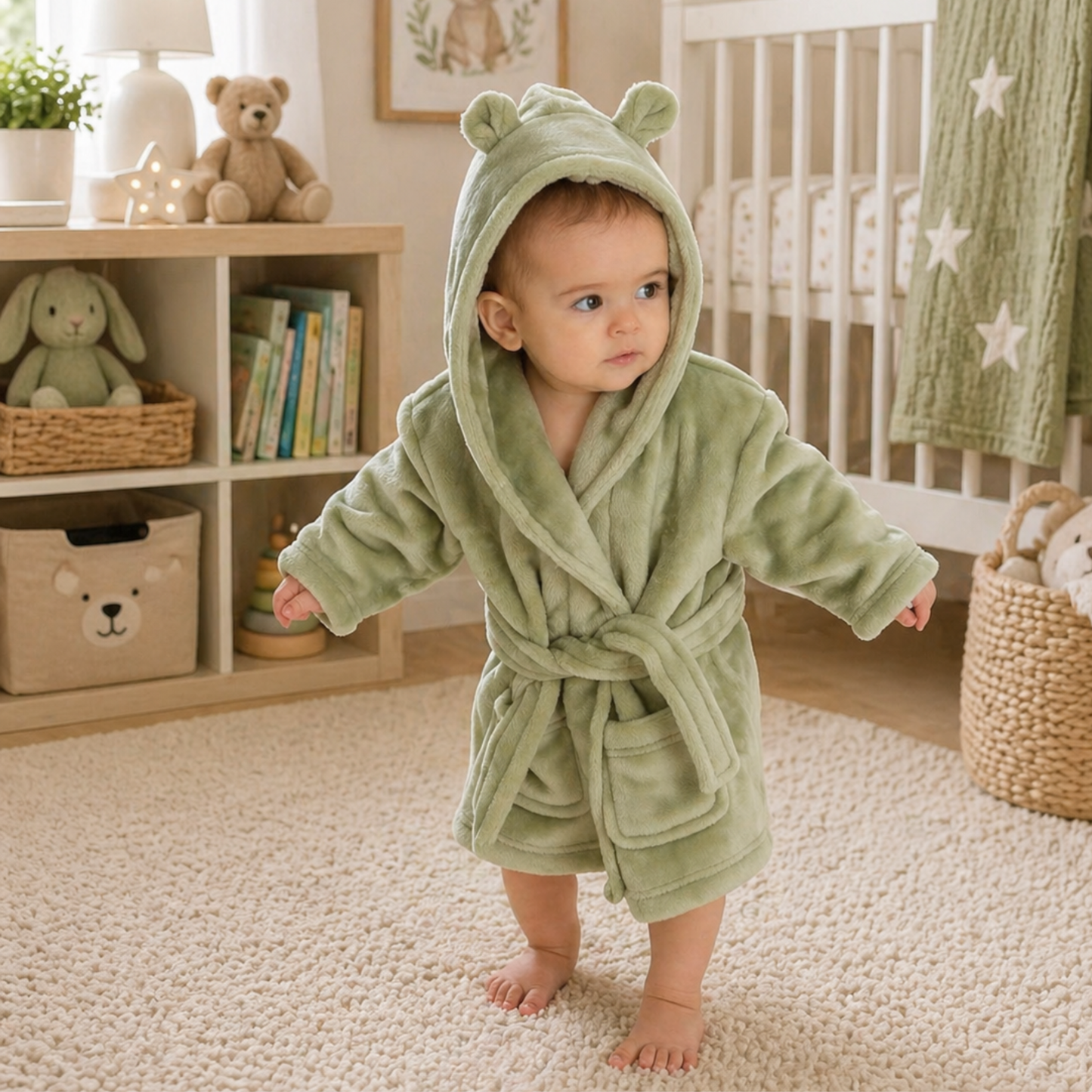 Baby wearing sage green hooded dressing gown soft plush baby bath robe cosy unisex baby gift