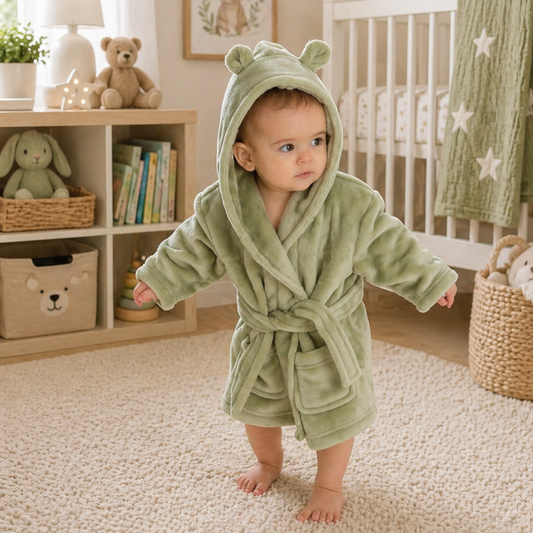 Baby wearing sage green hooded dressing gown soft plush baby bath robe cosy unisex baby gift