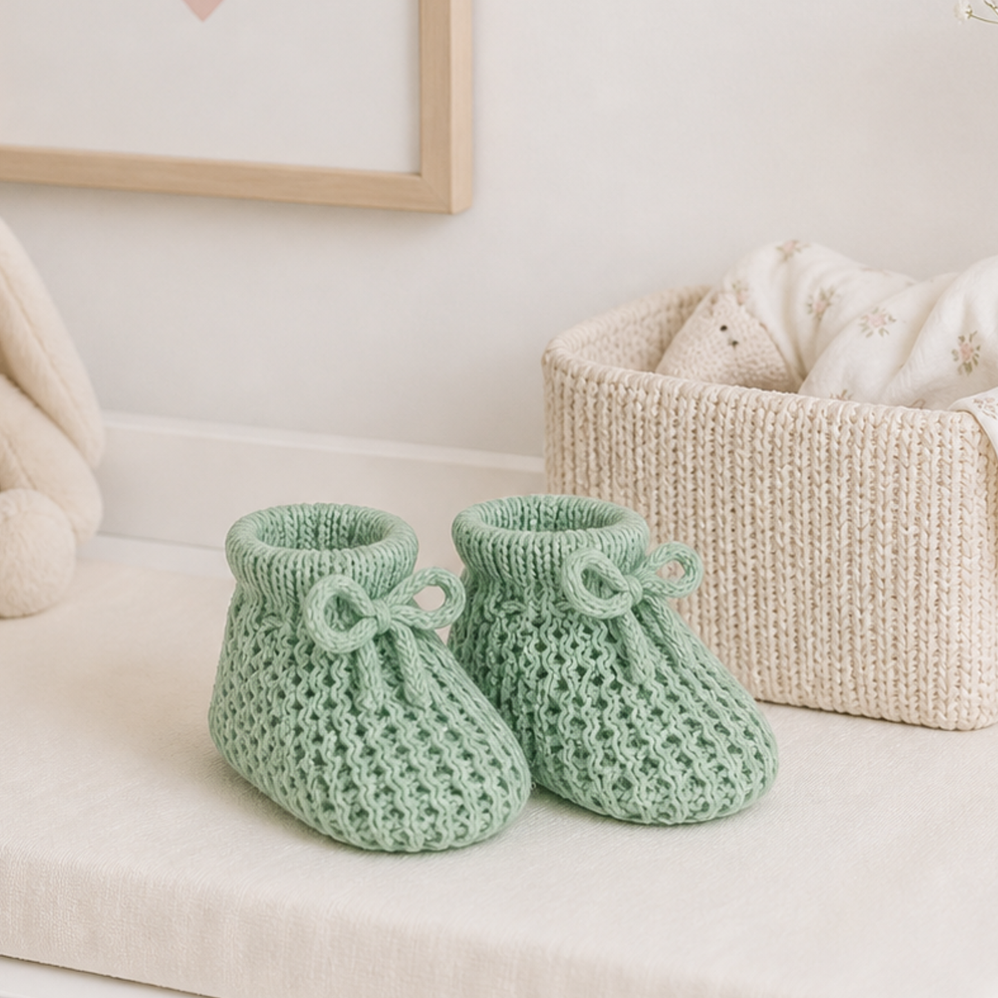 Sage green baby booties – unisex baby gift in soft modern colour