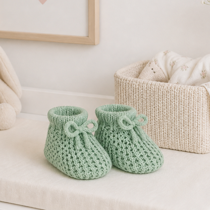 Sage green baby booties – unisex baby gift in soft modern colour