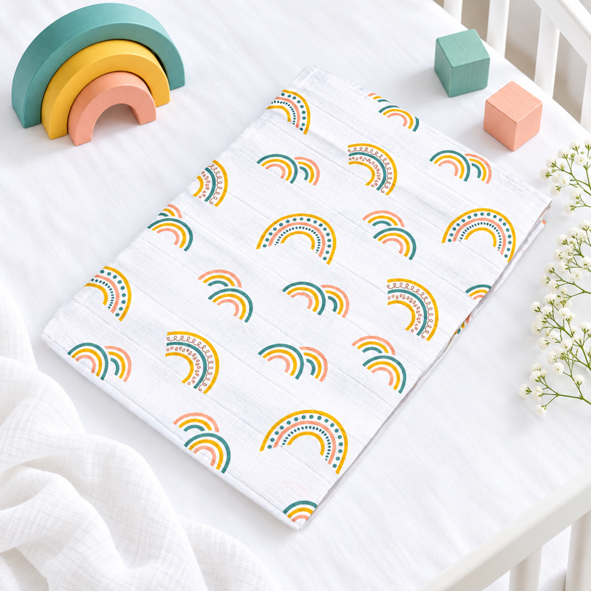 Scandi Rainbow muslin square – 100% cotton baby cloth and infant gift