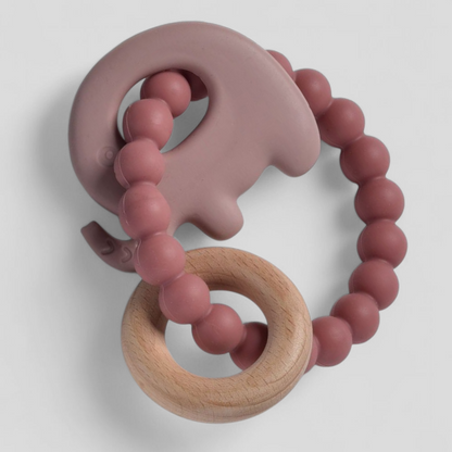 Teething ring with pink silicone beads and wooden ring - baby girl gifts
