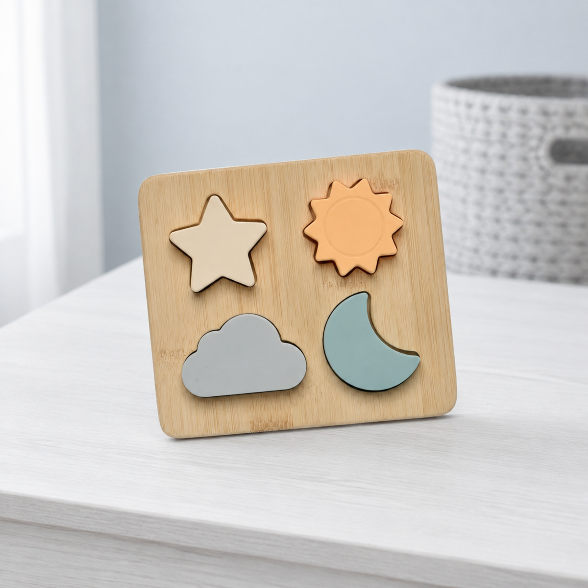 Jumini wooden weather puzzle with pastel silicone sun star moon and cloud shapes
