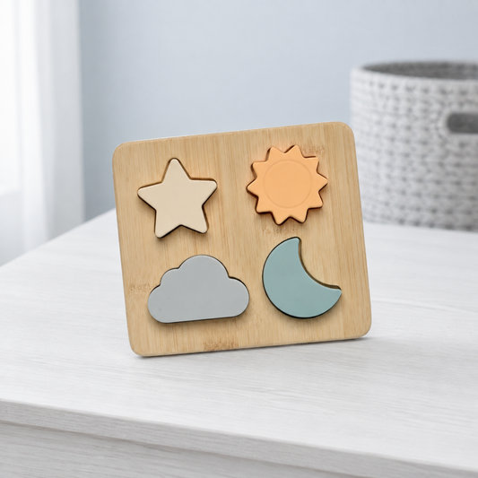 Jumini wooden weather puzzle with pastel silicone sun star moon and cloud shapes