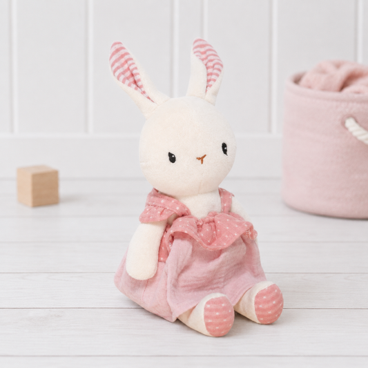 Small white rabbit organic cotton velour baby soft toy wearing a pink dress