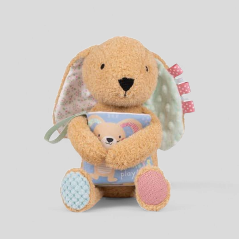 Sensory plush rabbit toy holding a book, baby toys