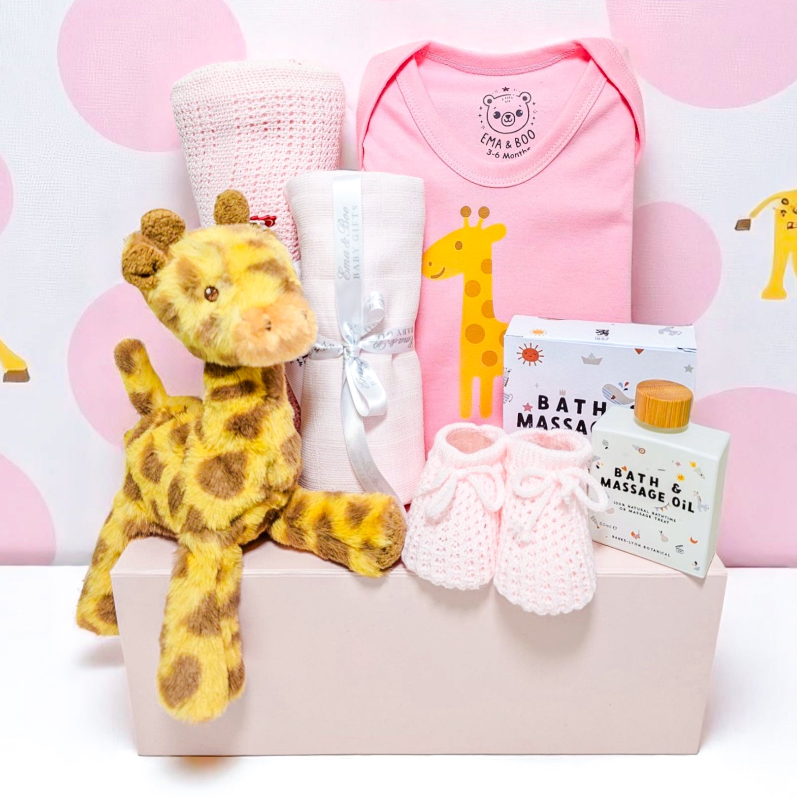 Snuggle Safari baby girl hamper – giraffe toy, baby bodysuit, muslin, blanket and oil in gift box