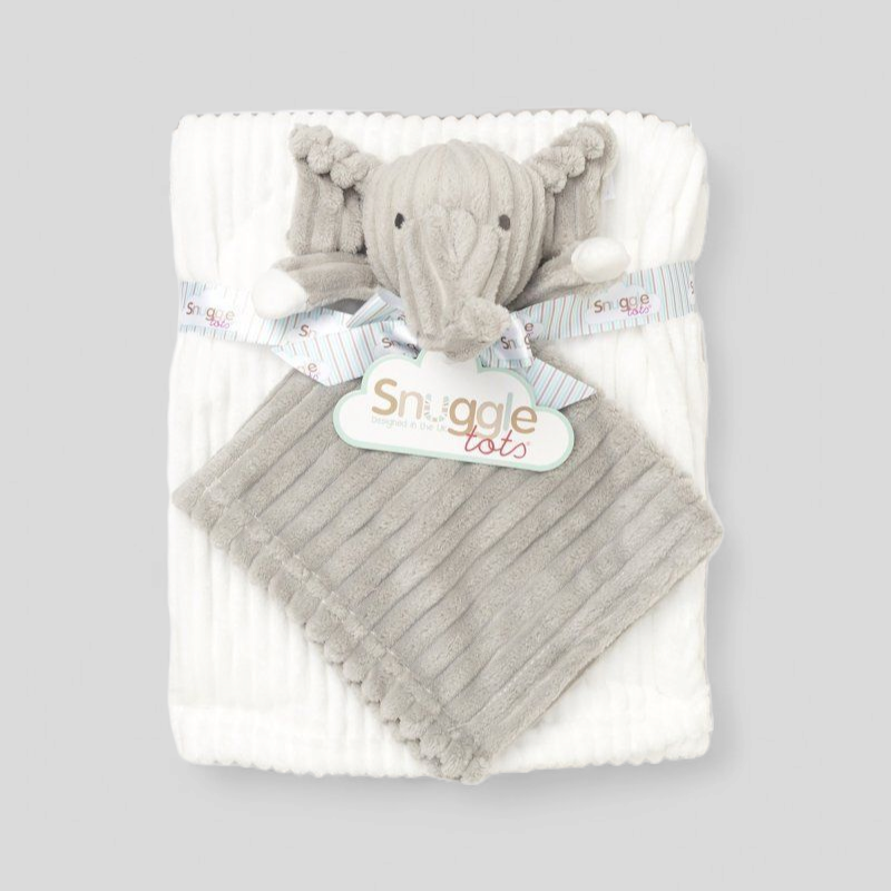 Gray elephant plush toy with a blanket 