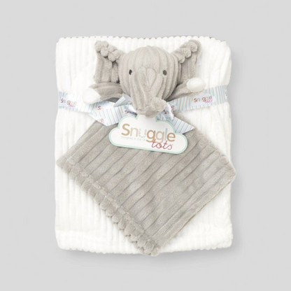 Gray elephant plush toy with a blanket 