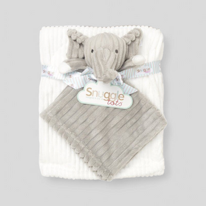 Gray elephant plush toy with a blanket 