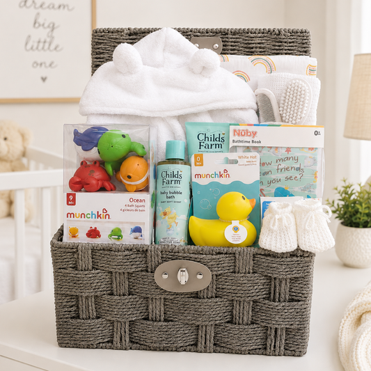 Baby bath gift hamper with bath toys, robe and Childs Farm skincare.