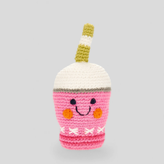 Strawberry milkshake baby rattle – handmade crochet play food toy by Pebble, fair trade and newborn safe