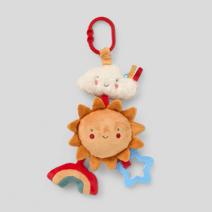 Plush infant toy with sun, cloud, and rainbow design 