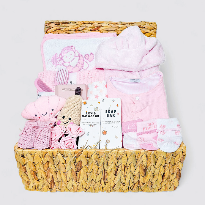 Luxury baby girl hamper | packed with baby essentials, dressing gown, rattle, comforter and mum gift