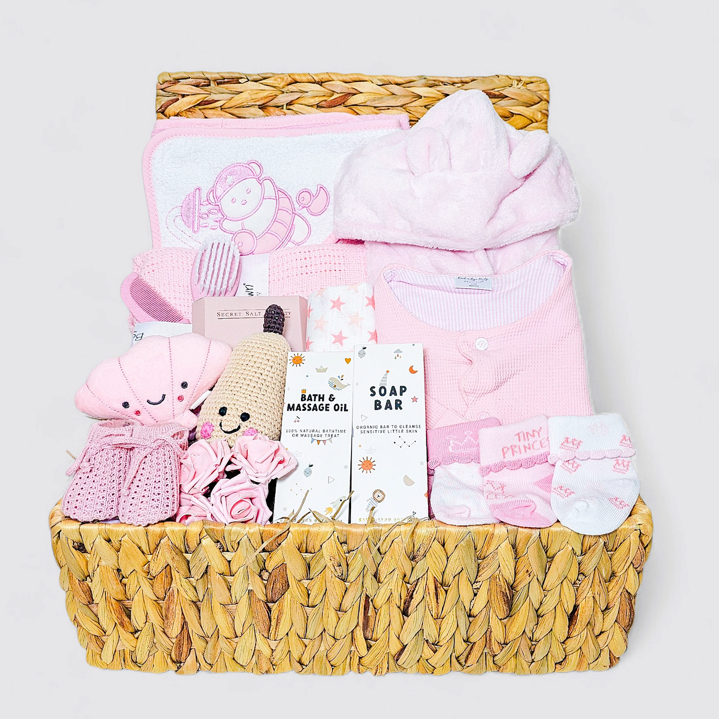 Luxury baby girl hamper | packed with baby essentials, dressing gown, rattle, comforter and mum gift