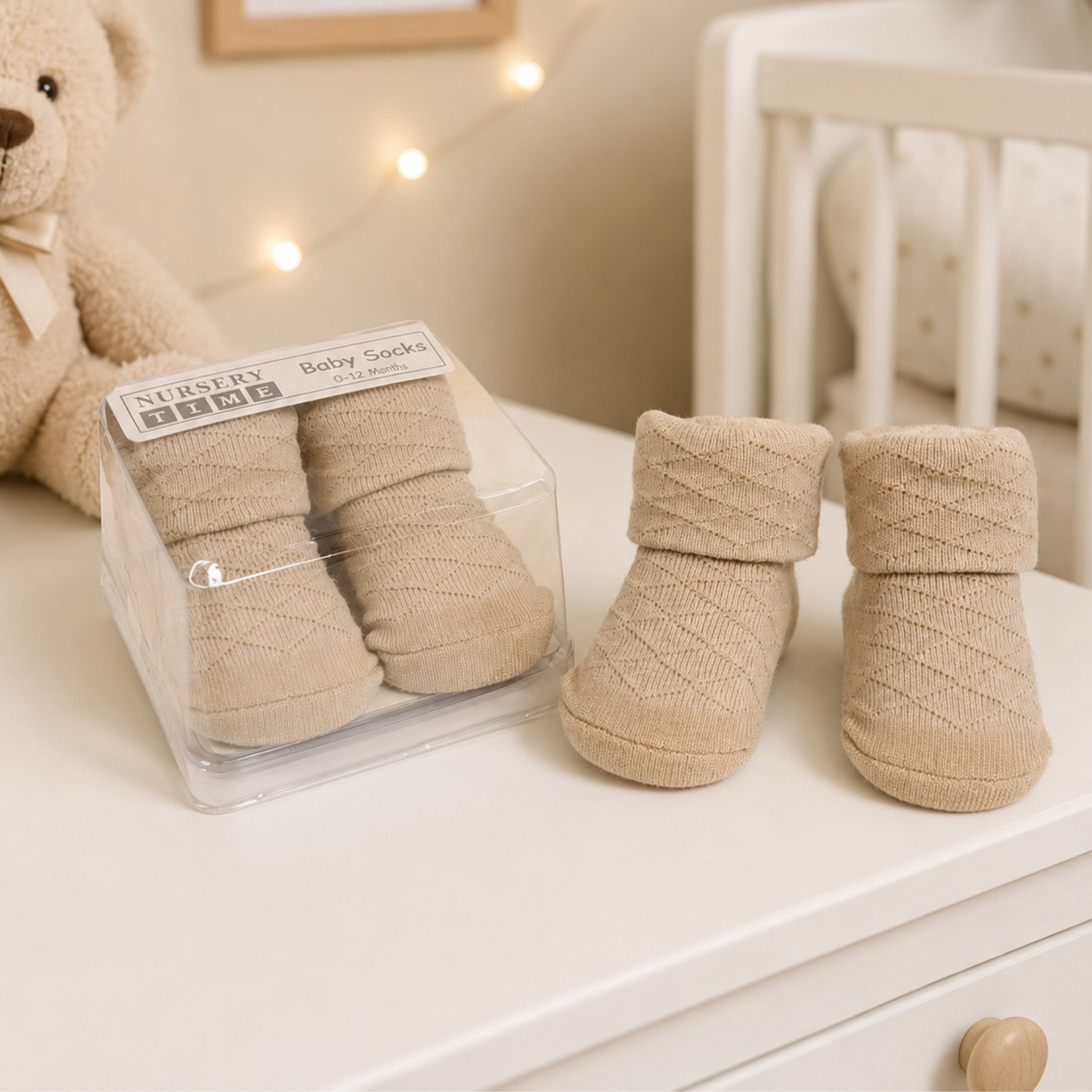 Taupe newborn baby socks with diamond design in gift box