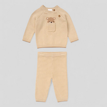 Load image into Gallery viewer, Beige baby jumper and pants set with a bear design 
