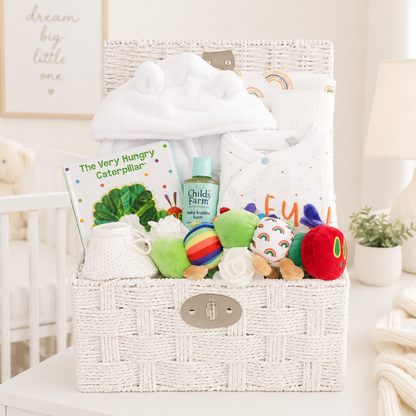 Very Hungry Caterpillar baby shower basket with newborn essentials