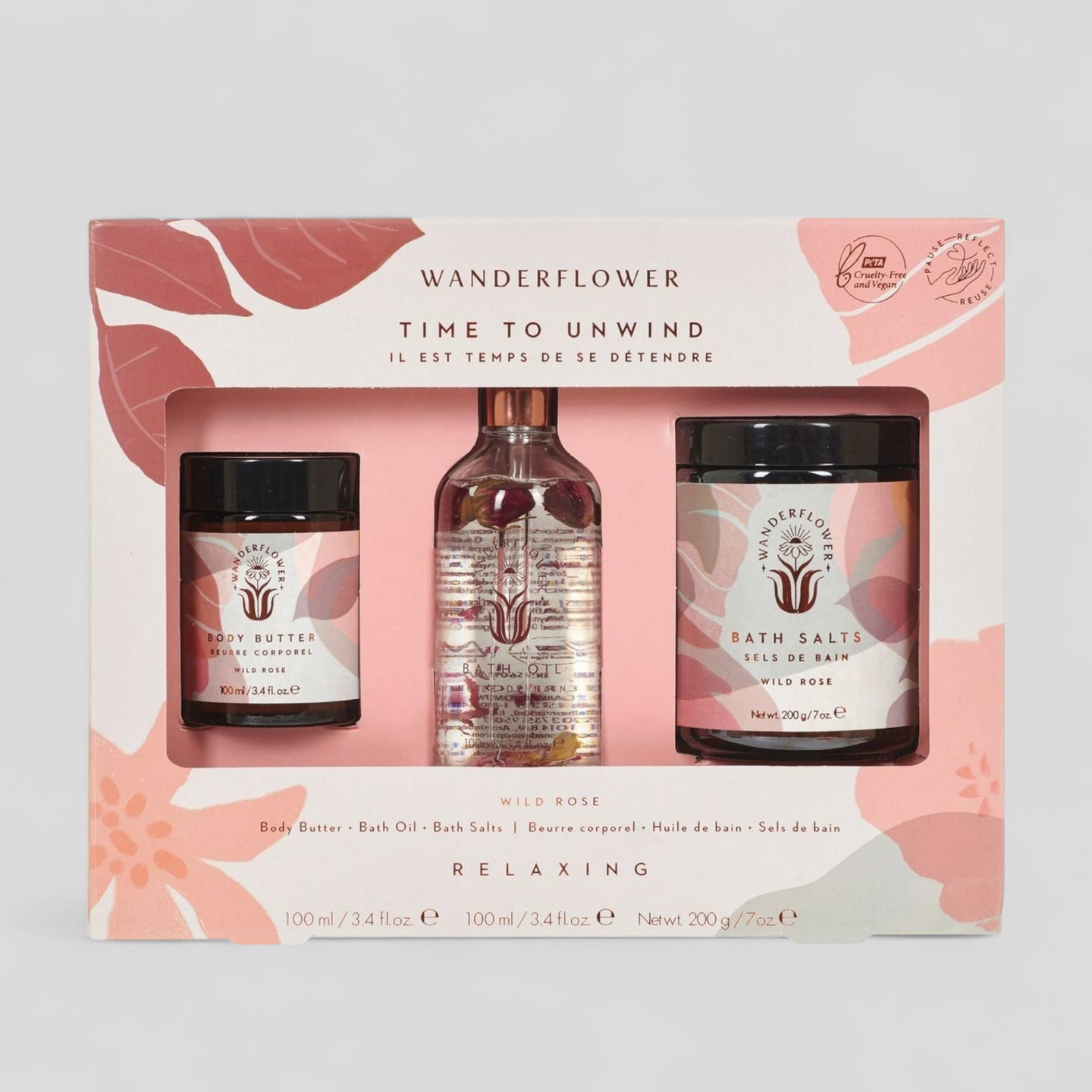 Wanderflower gift set with body butter, bath oil, and bath salts.