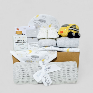 Tiny Explorer Baby Boy Hamper – baby clothing set, cellular blanket, massage oil, yellow taxi rattle, and new mum gift in keepsake box
