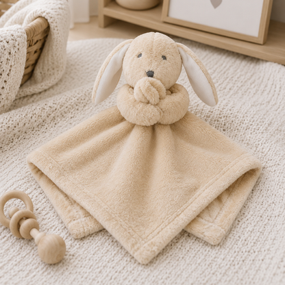 Baby Town toffee bunny comforter with a soft plush comfort blanket measuring 35 x 35cm.