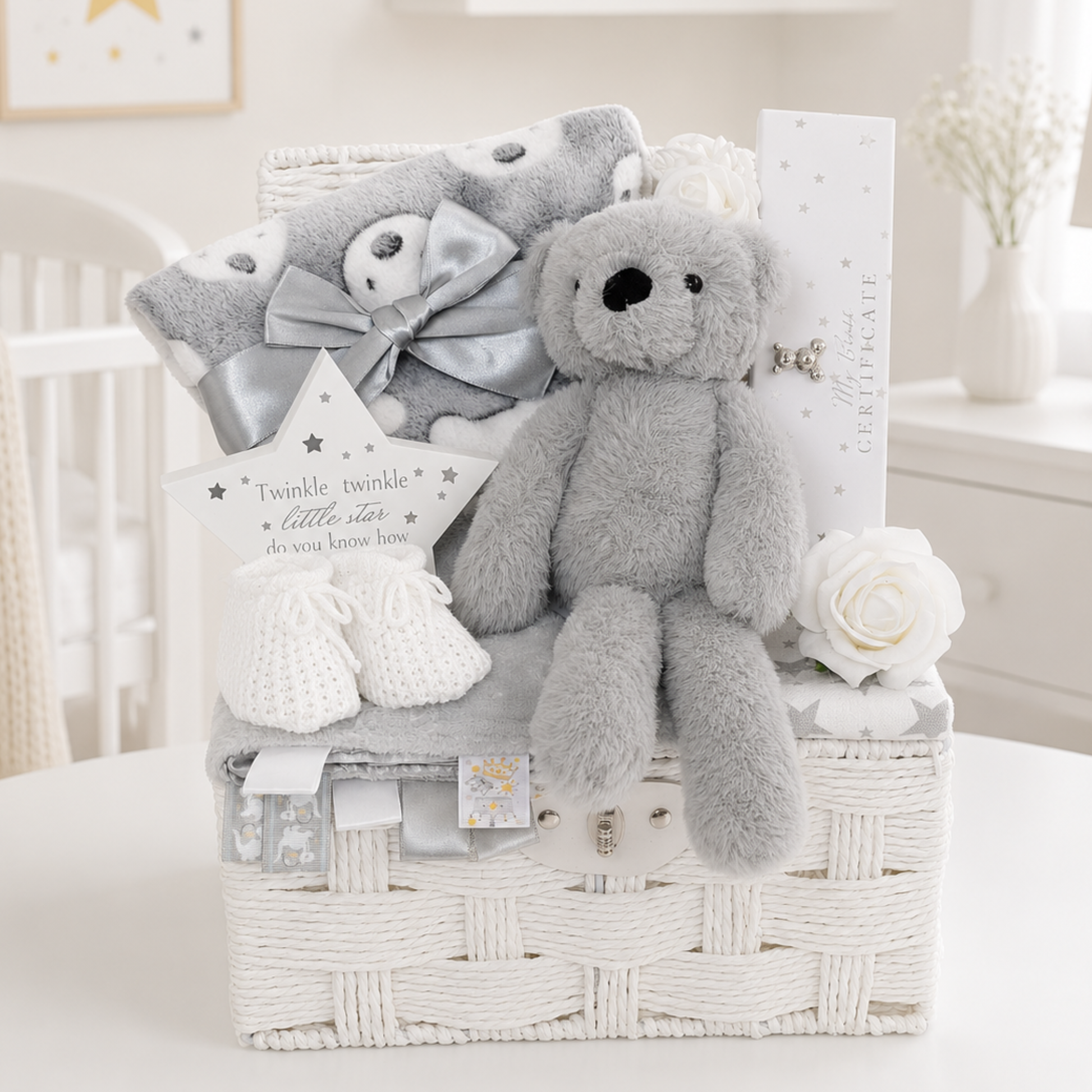 Neutral baby hamper with teddy bear, keepsake birth certificate holder and baby blanket