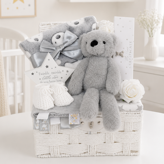 Neutral baby hamper with teddy bear, keepsake birth certificate holder and baby blanket