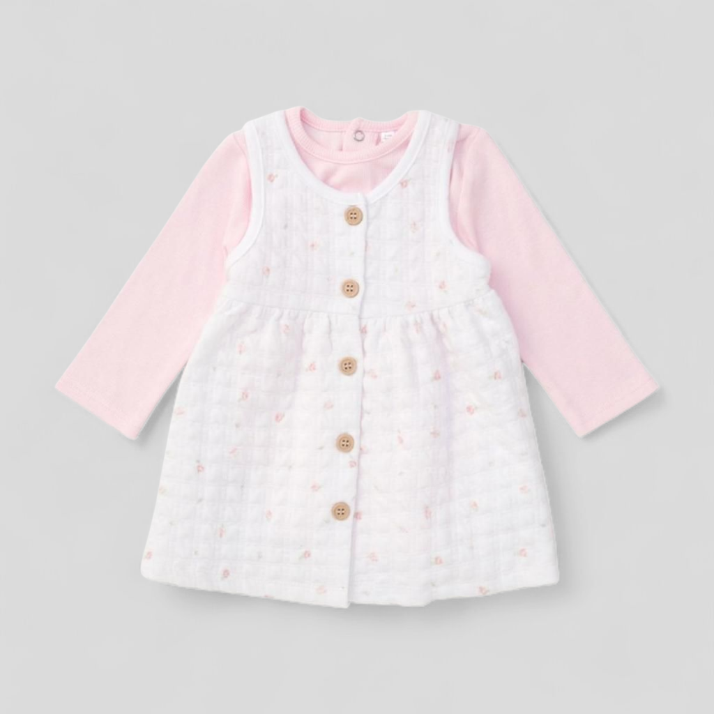 Baby dress with pink long-sleeve bodysuit, two piece clothes set for baby girls