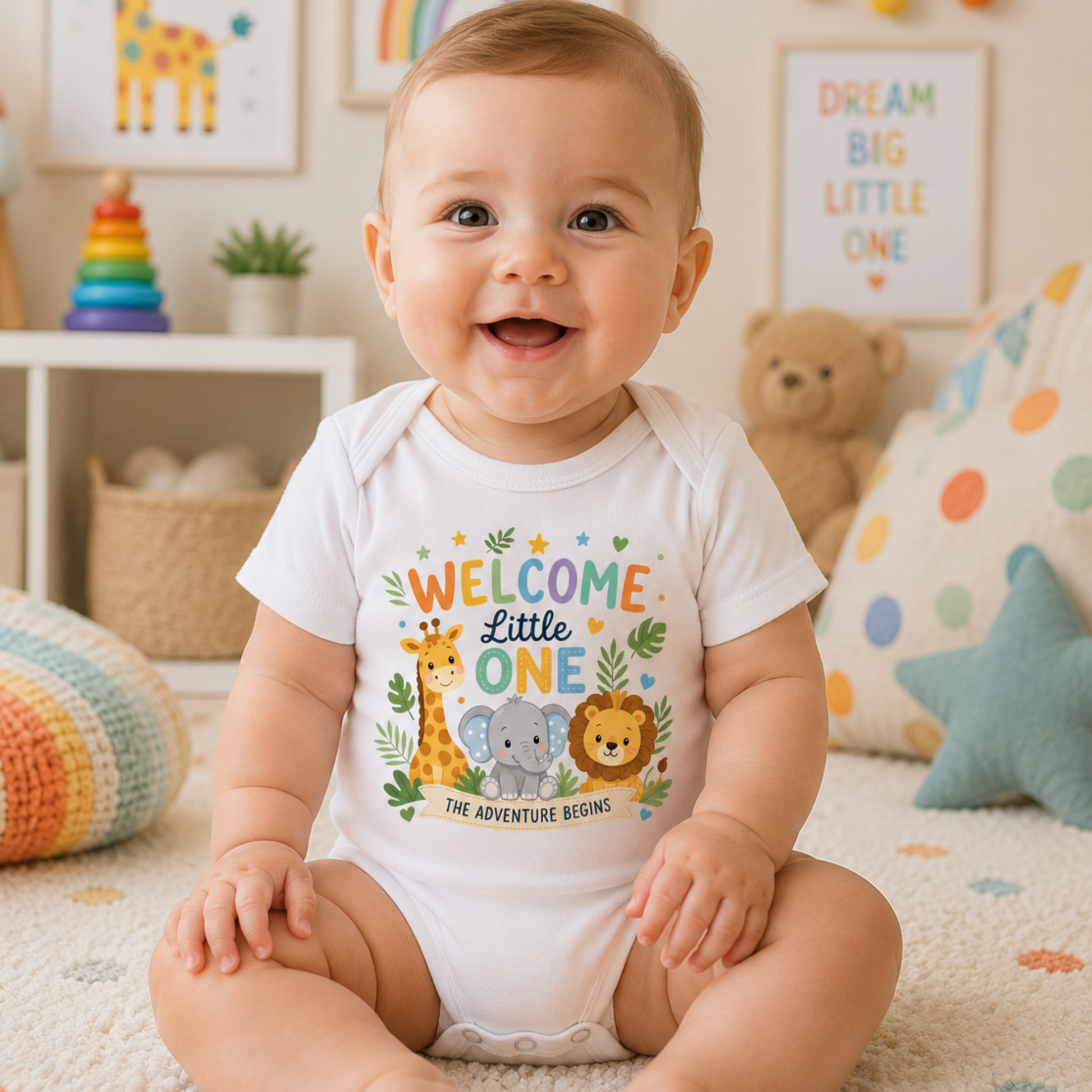Baby wearing a 100% cotton 'Welcome Little One' safari bodysuit with colourful safari design.