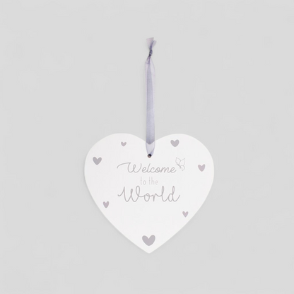 Heart-shaped hanging plaque with 'Welcome to the World' text 
