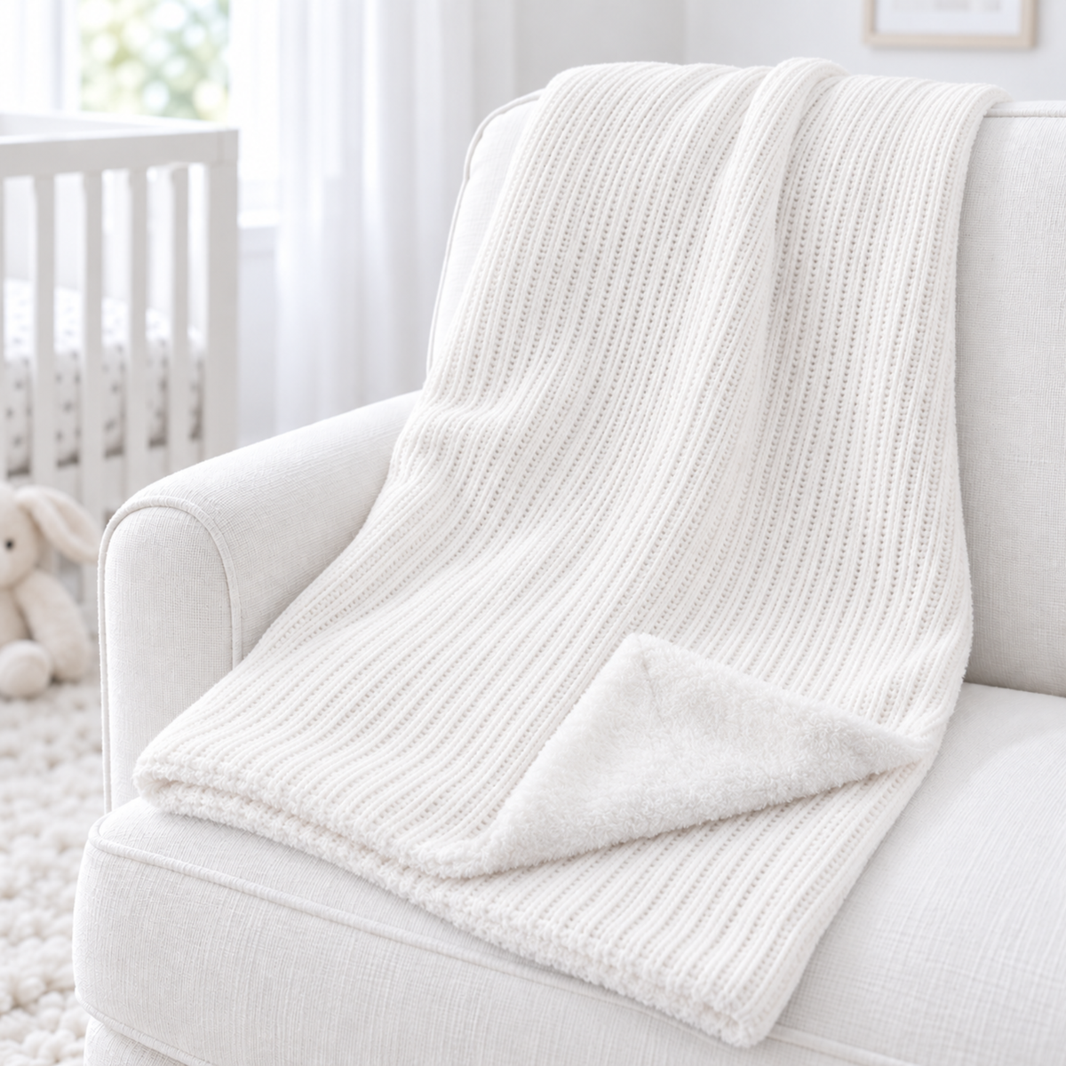 White chenille baby blanket with soft Sherpa backing 70 x 90cm