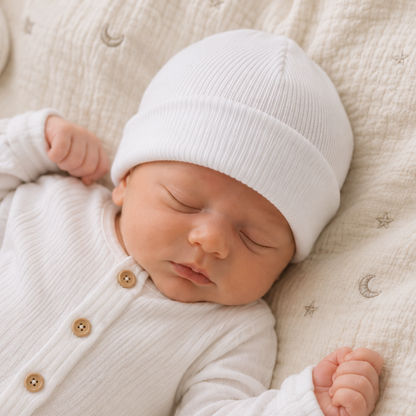 Sleeping newborn baby wearing a soft white cotton turnover beanie hat.
