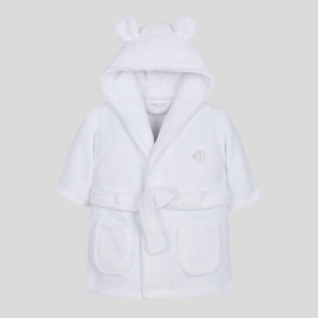 White children's robe with bear ears on a light gray background