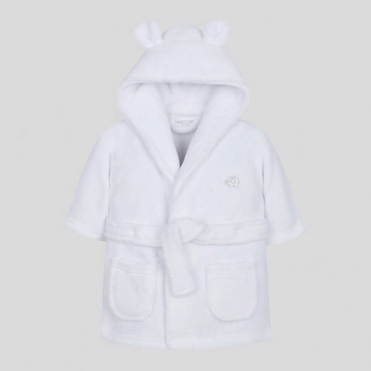 White children's robe with bear ears on a light gray background