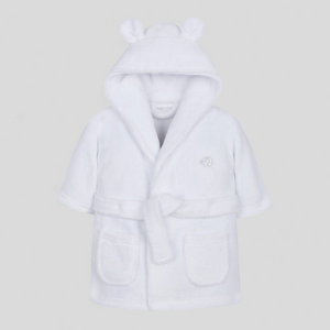 White children's robe with bear ears on a light gray background