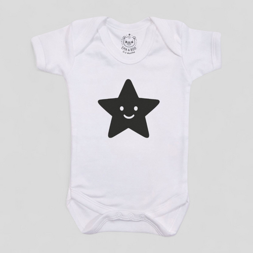 White baby bodysuit with black star – unisex MonoCub monochrome babywear.