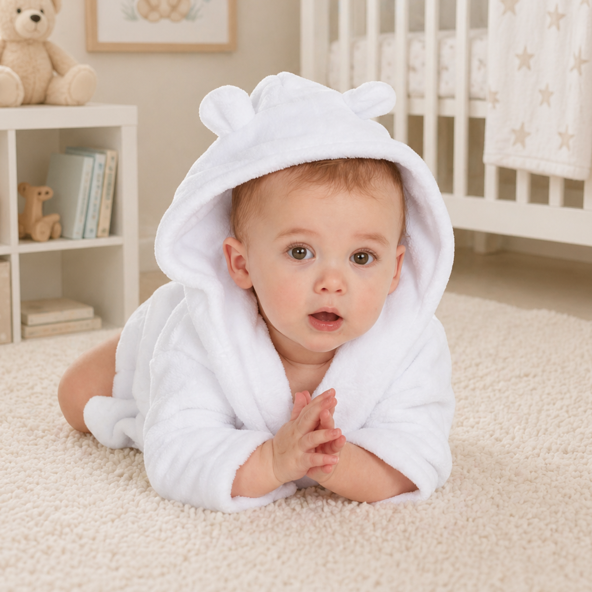 Baby wearing white hooded dressing gown soft plush baby bath robe newborn baby gift