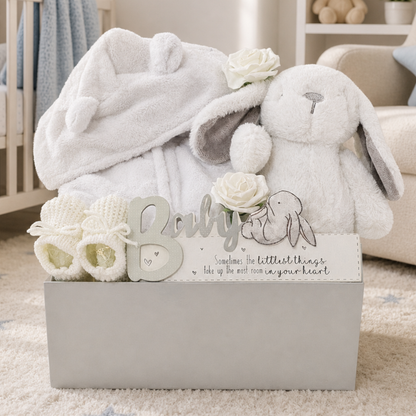 Unisex baby gift box for newborn with plush bunny toy