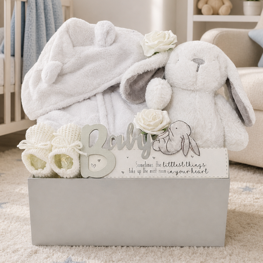 Unisex baby gift box for newborn with plush bunny toy